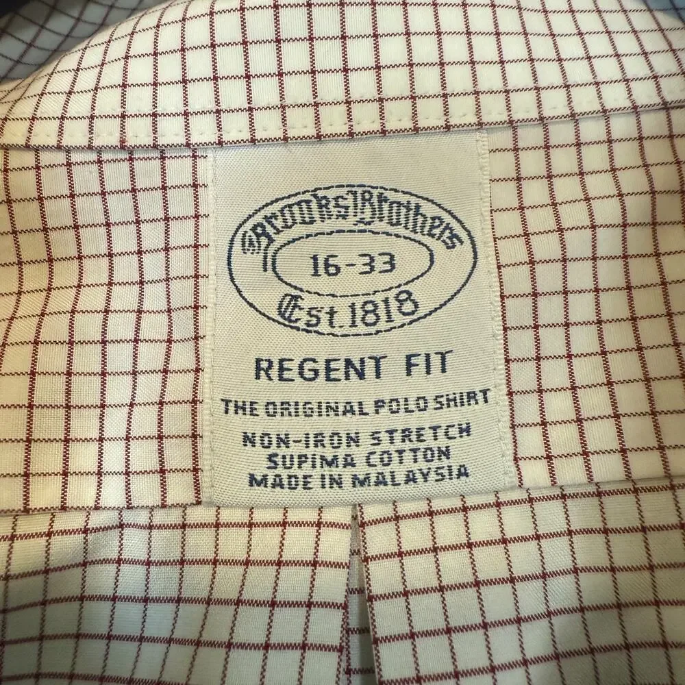 Brooks Brothers Shirt Mens 16-33 White Red 1818‎ Regent Fit Button Up Checkered